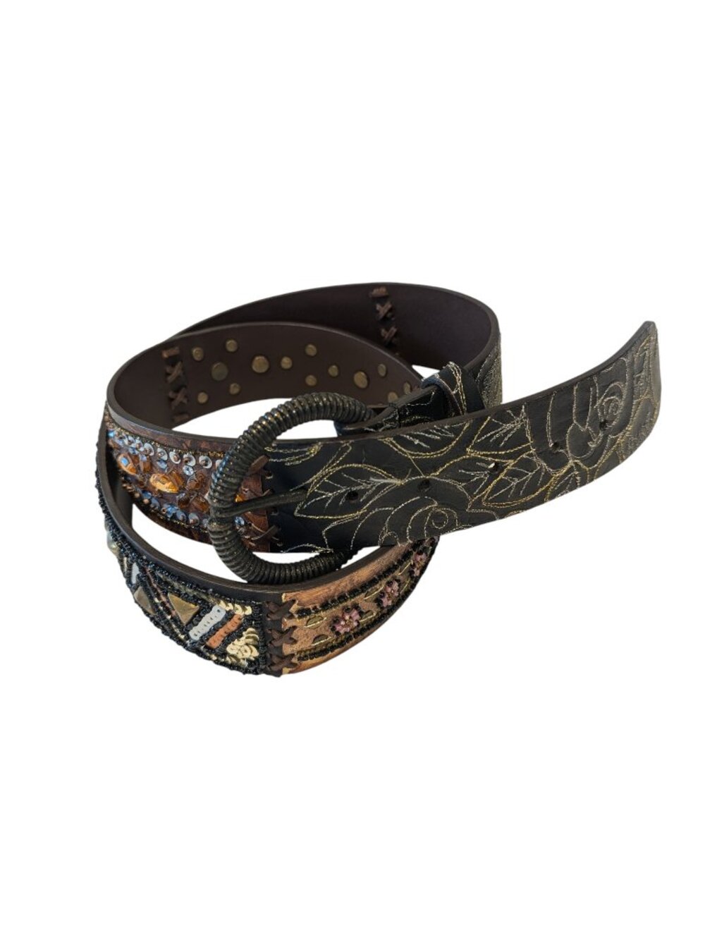 CHICO'S Mixed Media Leather Belt L Studs Sequins Embroidery Made in India